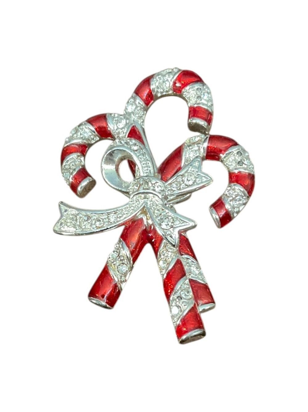 Monet Candy Cane Rhinestone Holiday Brooch Pin 2212